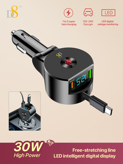 D8 3-in-1 Retractable Car Charger – 30W PD & QC3.0 Fast Charging for iPhone, Samsung, iPad