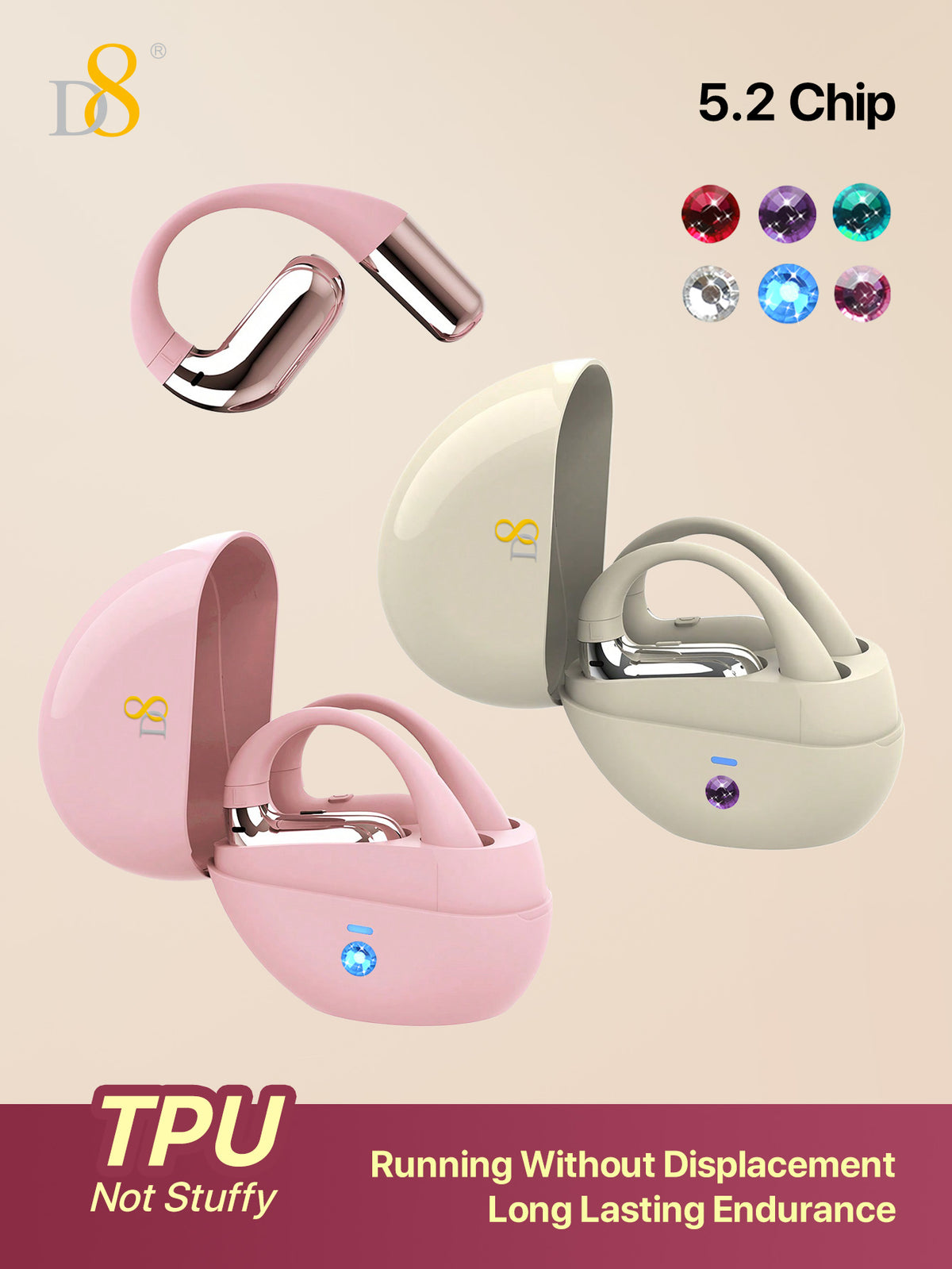 D8 Open-Ear Wireless Earbuds – Bass Boost, 7H Battery, IPX5 Waterproof, Gaming Ready