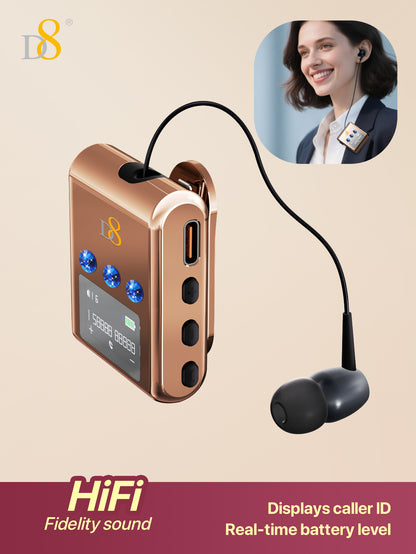 D8 Retractable Wireless Headset – 20H Talk Time, Noise-Canceling Mic, Clip-On for Driving & Workouts
