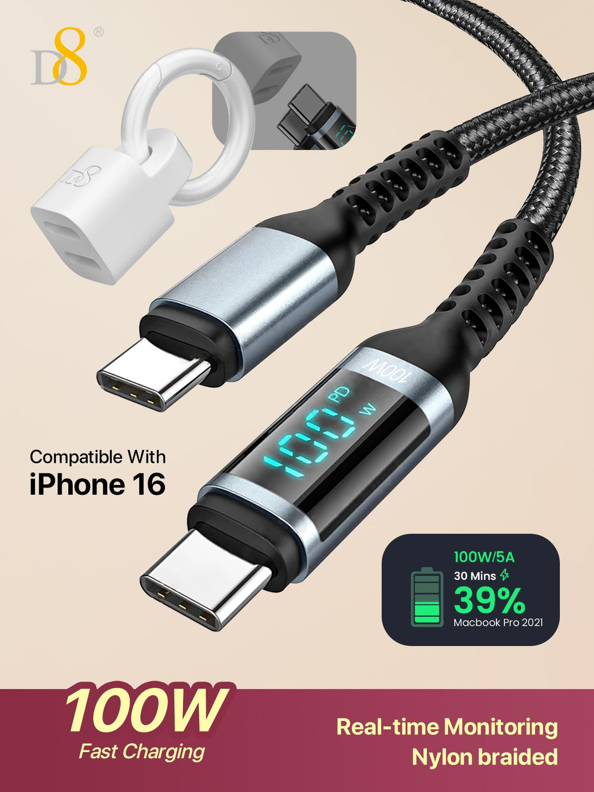D8 USB-C to USB-C Cable – 1.2M, 100W PD Fast Charging with LED Display for iPhone, iPad, Galaxy