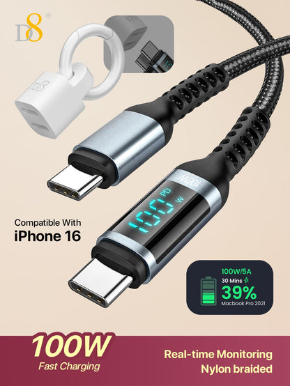 D8 USB-C to USB-C Cable – 1.2M, 100W PD Fast Charging with LED Display for iPhone, iPad, Galaxy