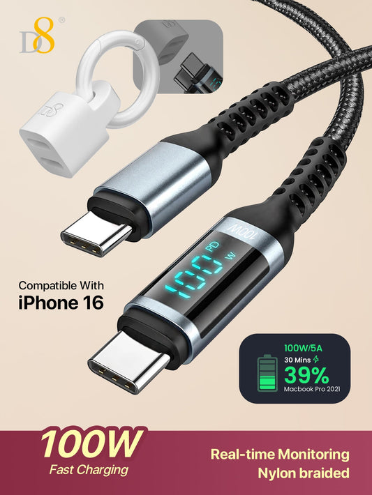D8 USB-C to USB-C Cable – 1.2M, 100W PD Fast Charging with LED Display for iPhone, iPad, Galaxy