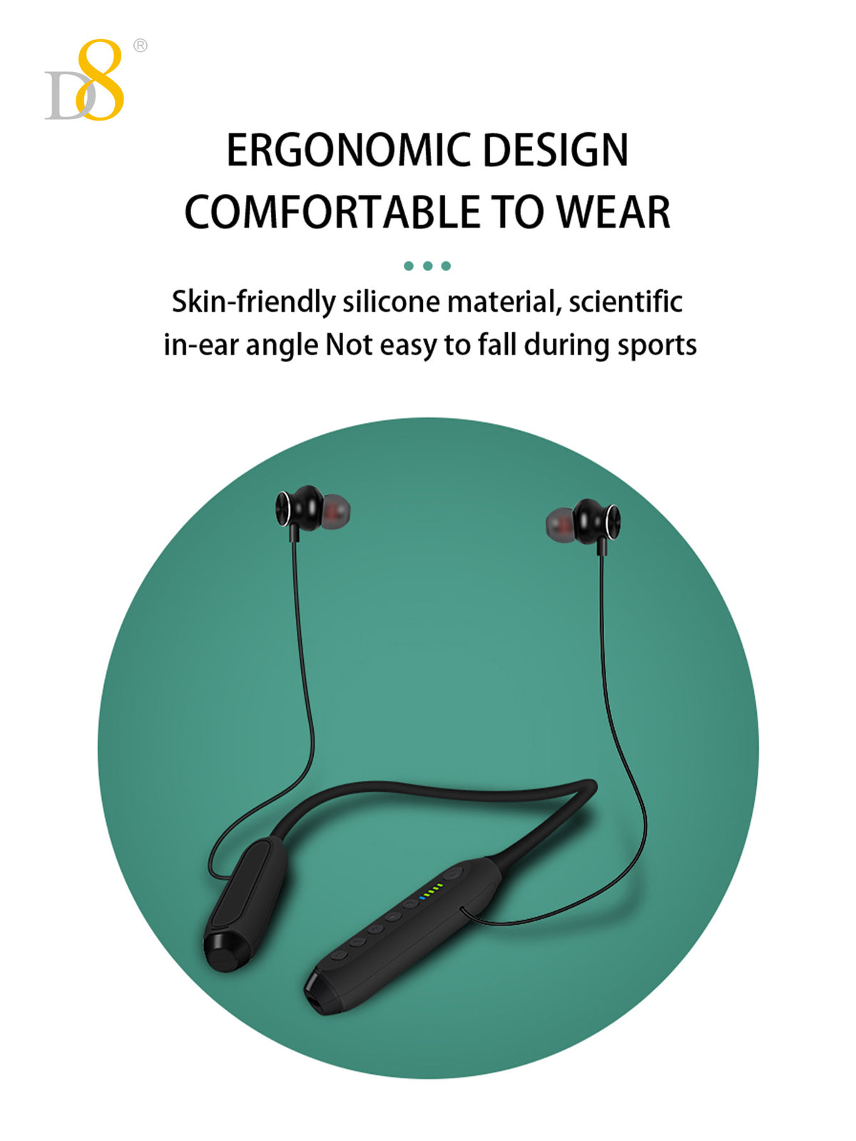 D8 Neckband Wireless Headphones – 100H Bluetooth, Waterproof, Mic