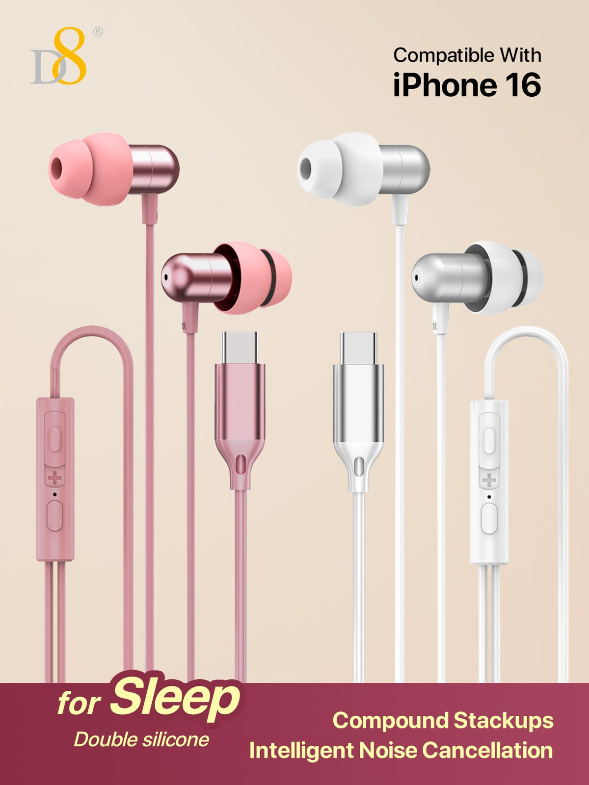 D8 USB-C Sleep Headphones – Noise-Isolating Wired Earbuds with Mic