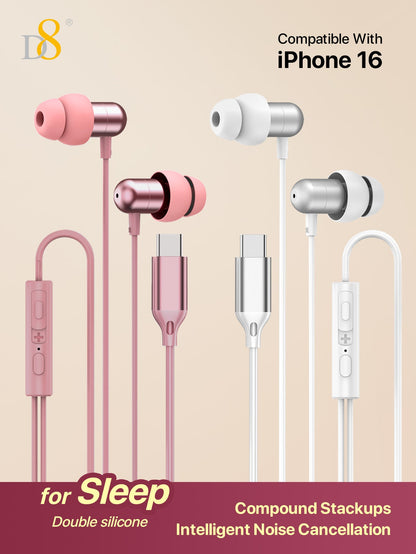 D8 USB-C Sleep Headphones – Noise-Isolating Wired Earbuds with Mic