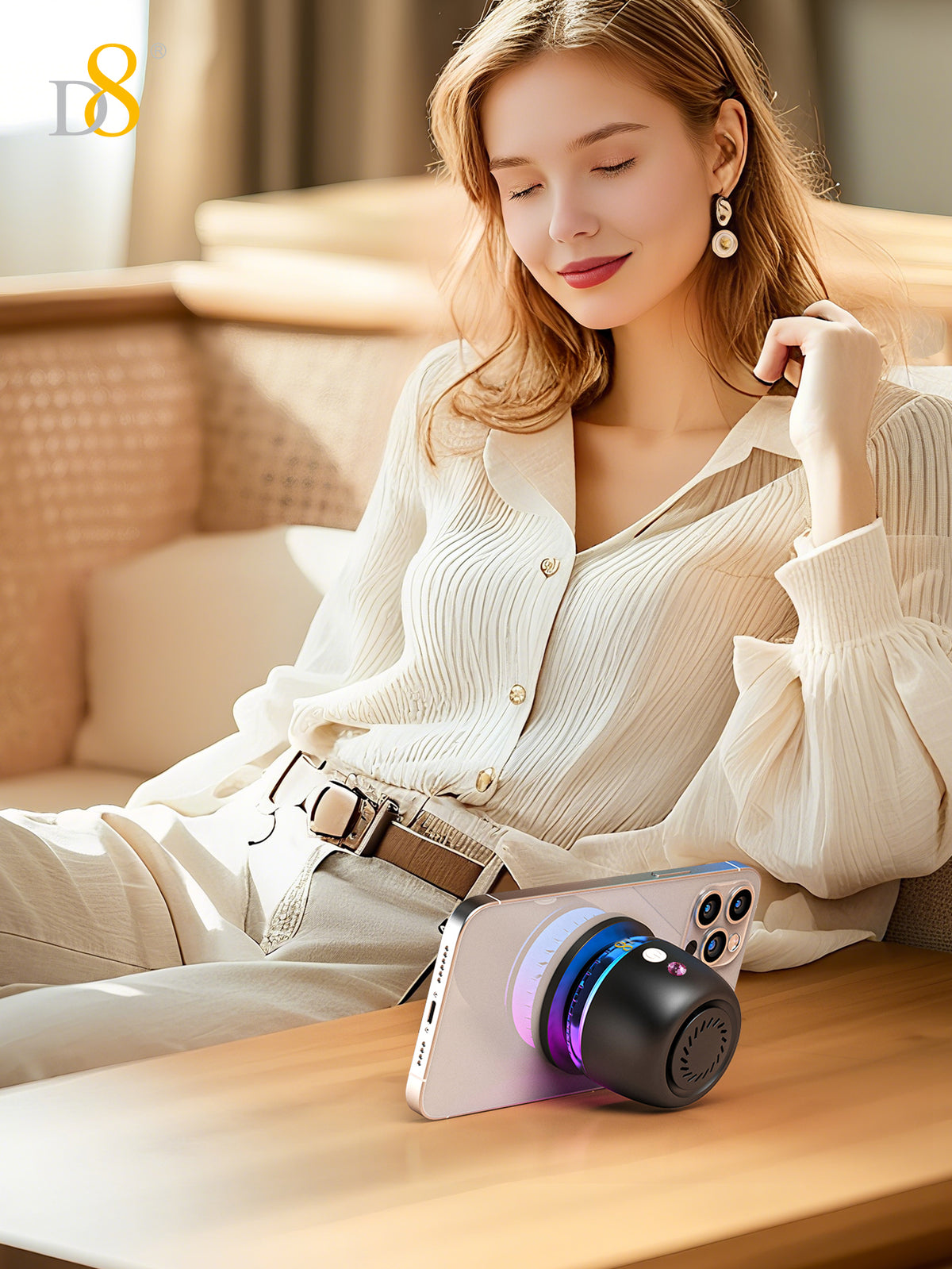D8 Magnetic Bluetooth Speaker – 10H Playtime, RGB Light, Foldable Phone Stand