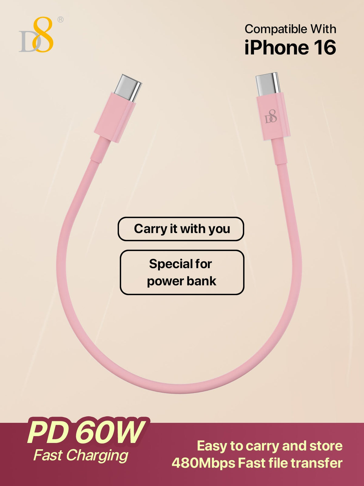 D8 USB-C to USB-C Cable – 60W Fast Charging, 0.83ft for iPhone, Samsung, iPad