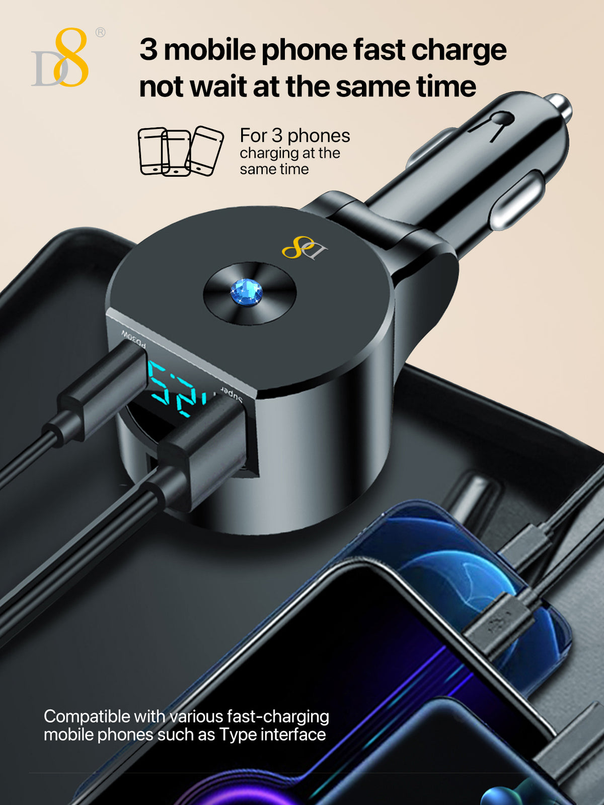 D8 3-in-1 Retractable Car Charger – 30W PD & QC3.0 Fast Charging for iPhone, Samsung, iPad