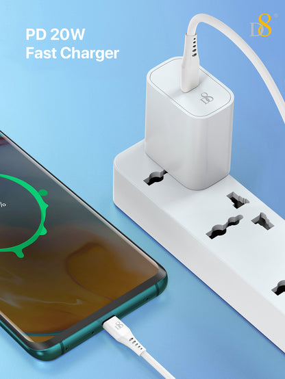 D8 20W USB-C Fast Charger – PD Wall Adapter with USB-C to USB-C Cable for iPhone, iPad, Galaxy