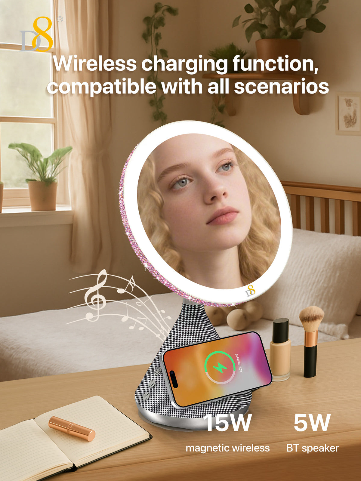 D8 Magnetic Vanity Mirror – 15W Wireless Charger, LED Light, Bluetooth Speaker for iPhone