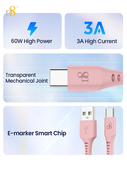 D8 USB-C Charging Cable – 3A Fast Charge, 3.3ft Soft Silicone, USB-A to Type-C