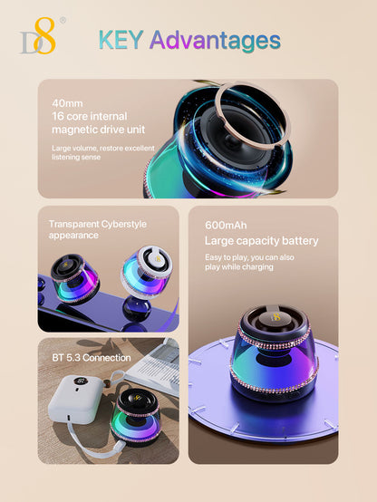 D8 Foldable Magnetic Bluetooth Speaker – 10H Playtime, RGB Light, Phone Stand