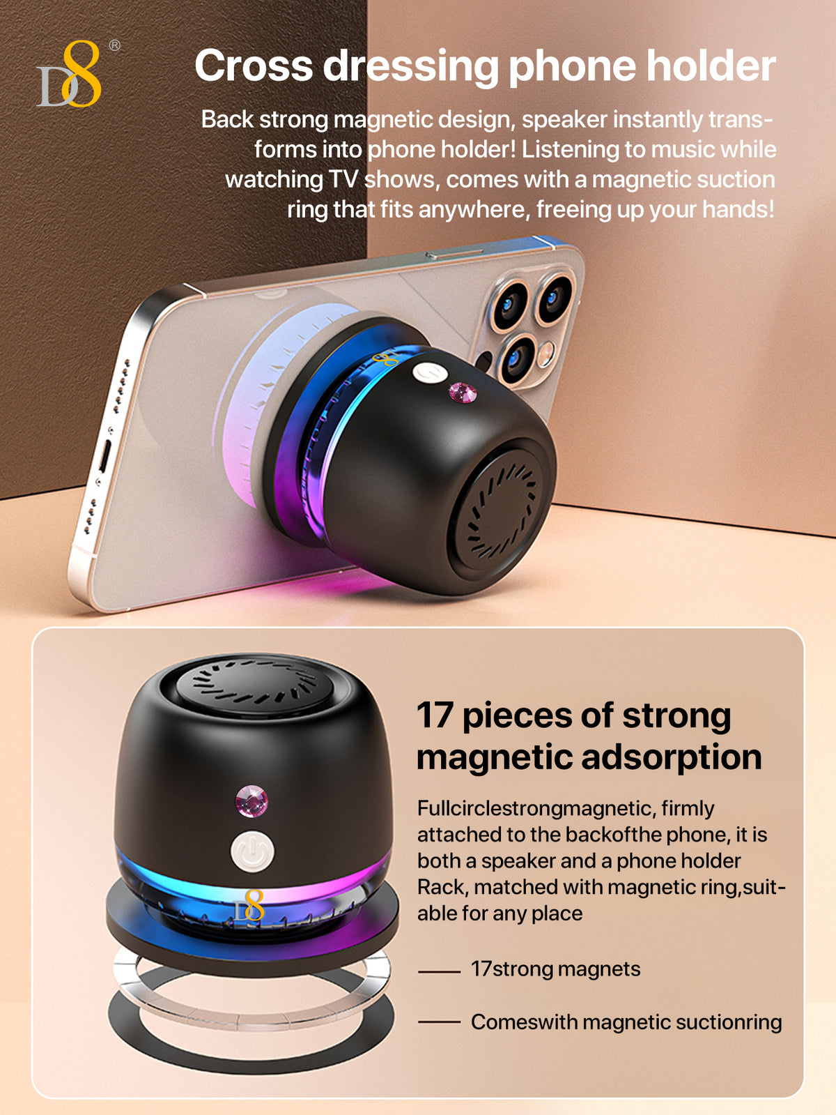 D8 Magnetic Bluetooth Speaker – 10H Playtime, RGB Light, Foldable Phone Stand