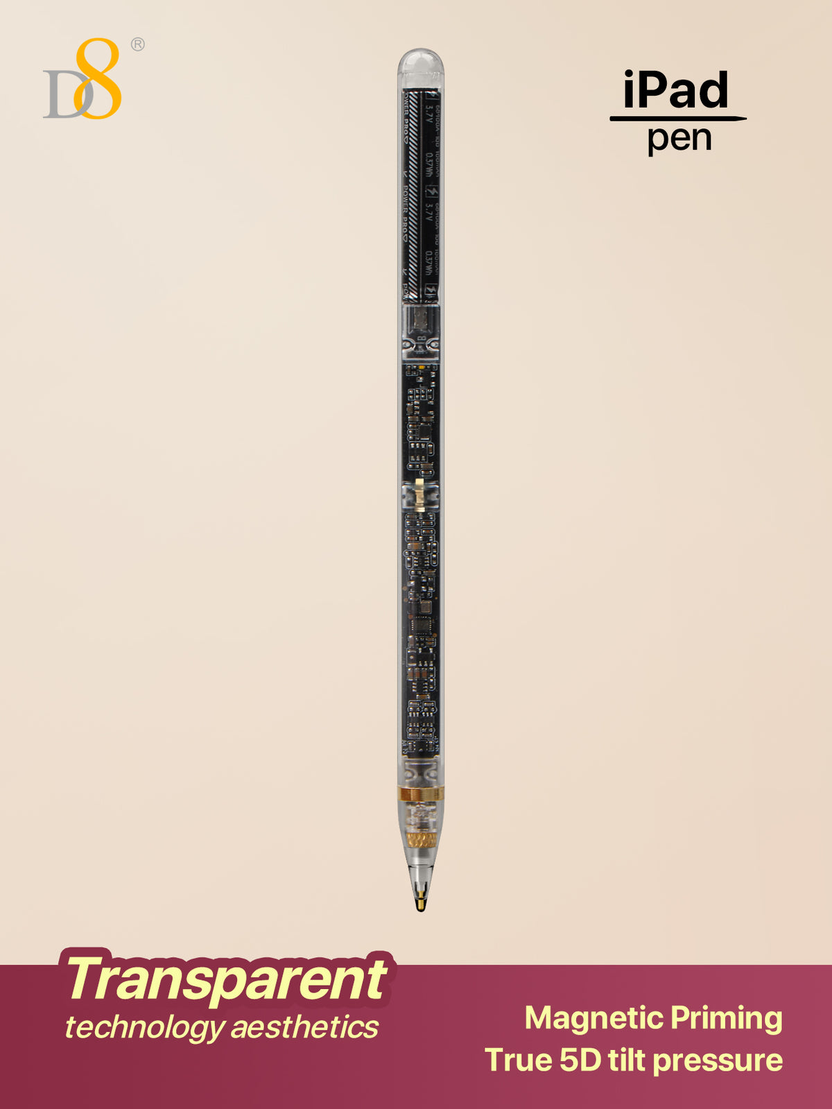 D8 Transparent iPad Stylus Pen – Magnetic Charging, Tilt Sensitivity, Palm Rejection