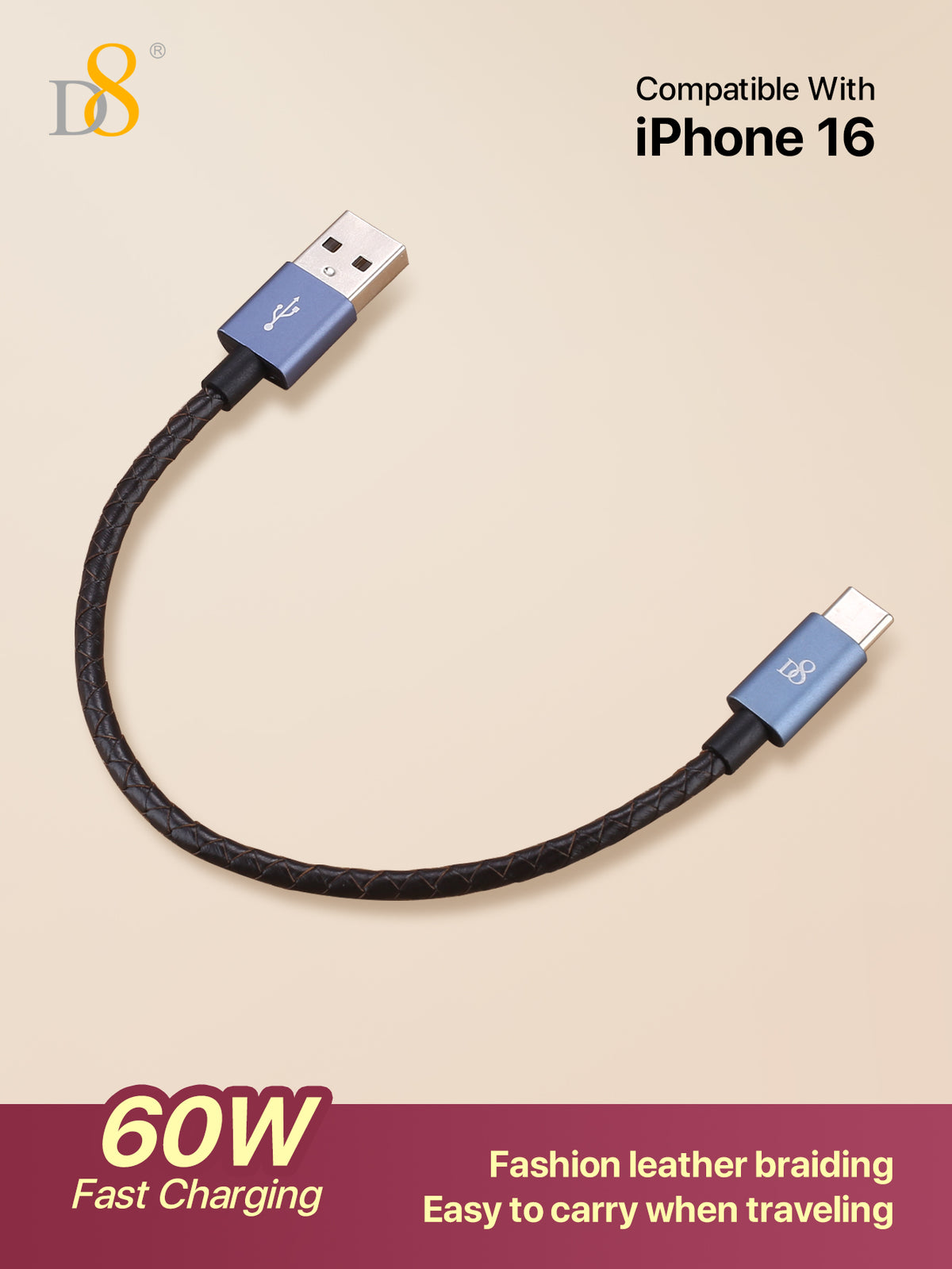 D8 Leather USB-C Charging Cable – 60W Fast Charge, 0.2m Short USB-A to Type-C