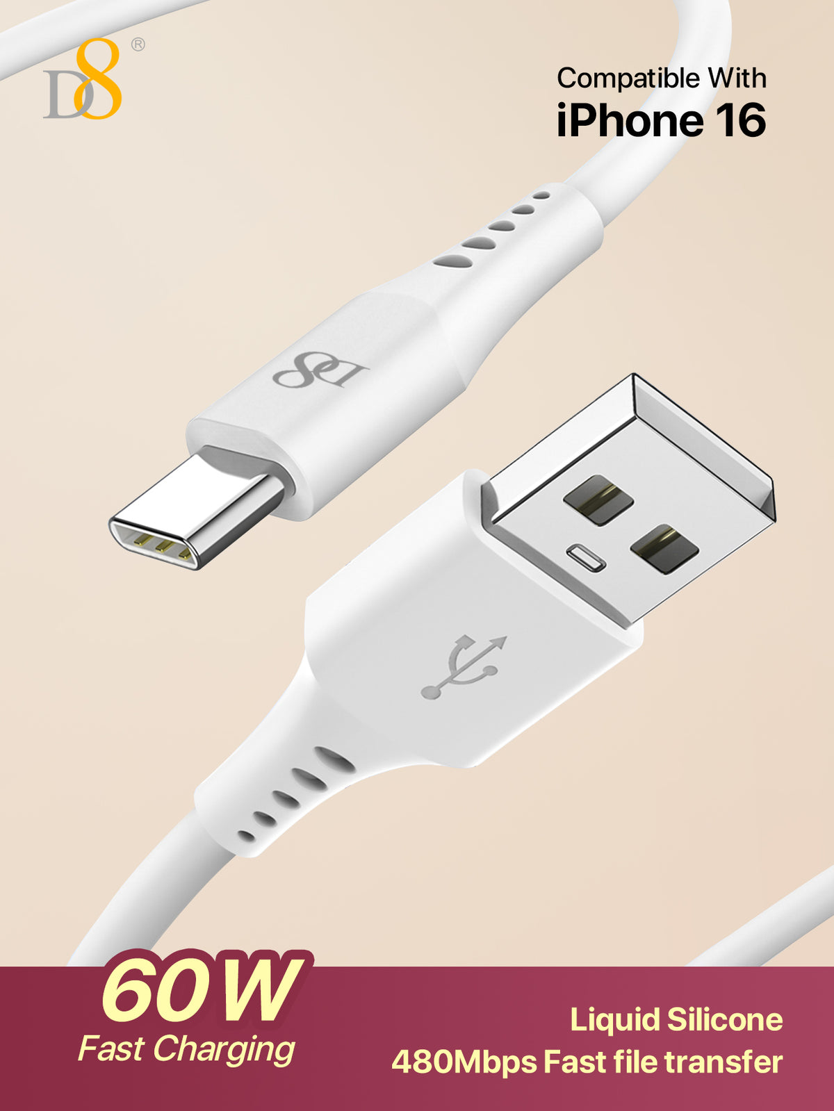 D8 USB-C Charging Cable – 3A Fast Charge, 3.3ft Soft Silicone, USB-A to Type-C