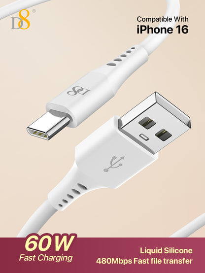 D8 USB-C Charging Cable – 3A Fast Charge, 3.3ft Soft Silicone, USB-A to Type-C