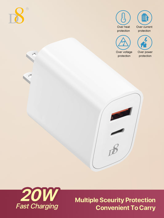 D8 20W PD Dual-Port USB-C Wall Charger – Fast Charging for iPhone, iPad, Samsung