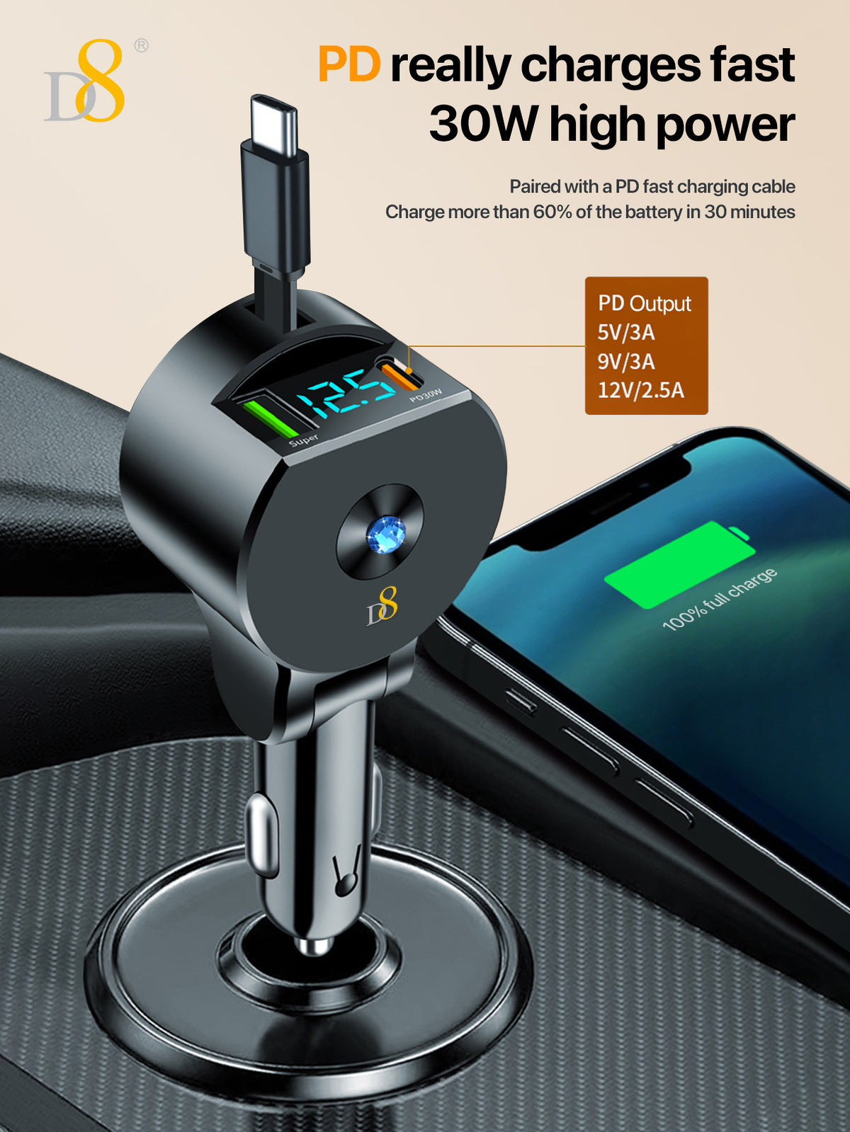 D8 3-in-1 Retractable Car Charger – 30W PD & QC3.0 Fast Charging for iPhone, Samsung, iPad