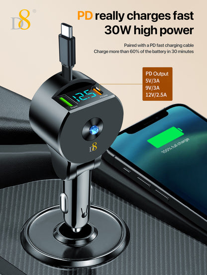 D8 3-in-1 Retractable Car Charger – 30W PD & QC3.0 Fast Charging for iPhone, Samsung, iPad
