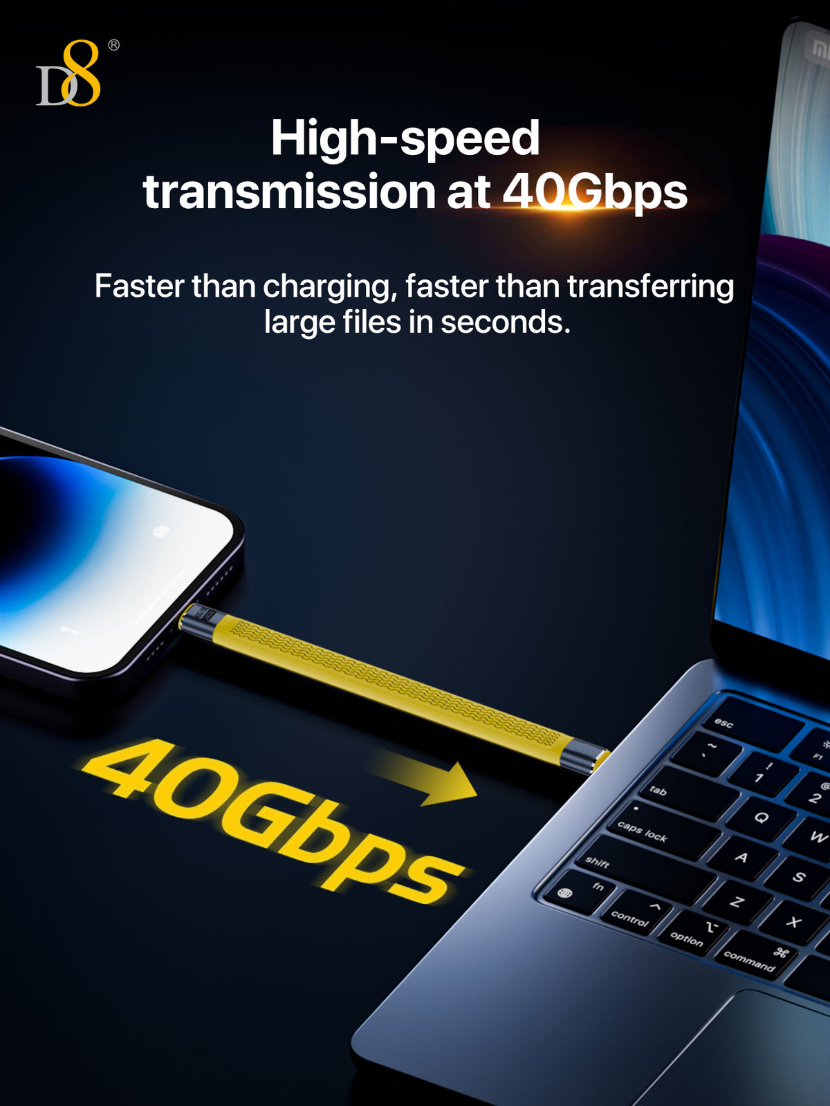 D8 USB4 Type-C Flat Cable – 240W Fast Charge, 40Gbps Data, 8K Video, 13cm