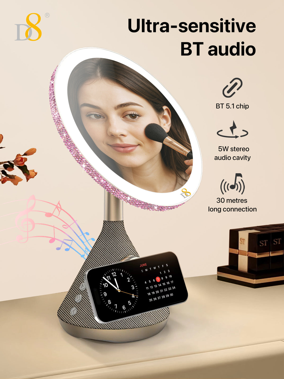 D8 Magnetic Vanity Mirror – 15W Wireless Charger, LED Light, Bluetooth Speaker for iPhone