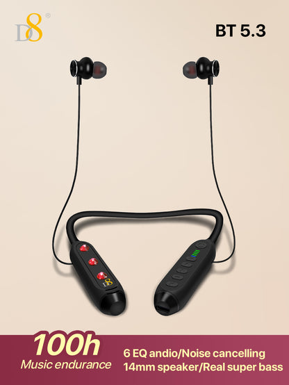 D8 Neckband Wireless Headphones – 100H Bluetooth, Waterproof, Mic