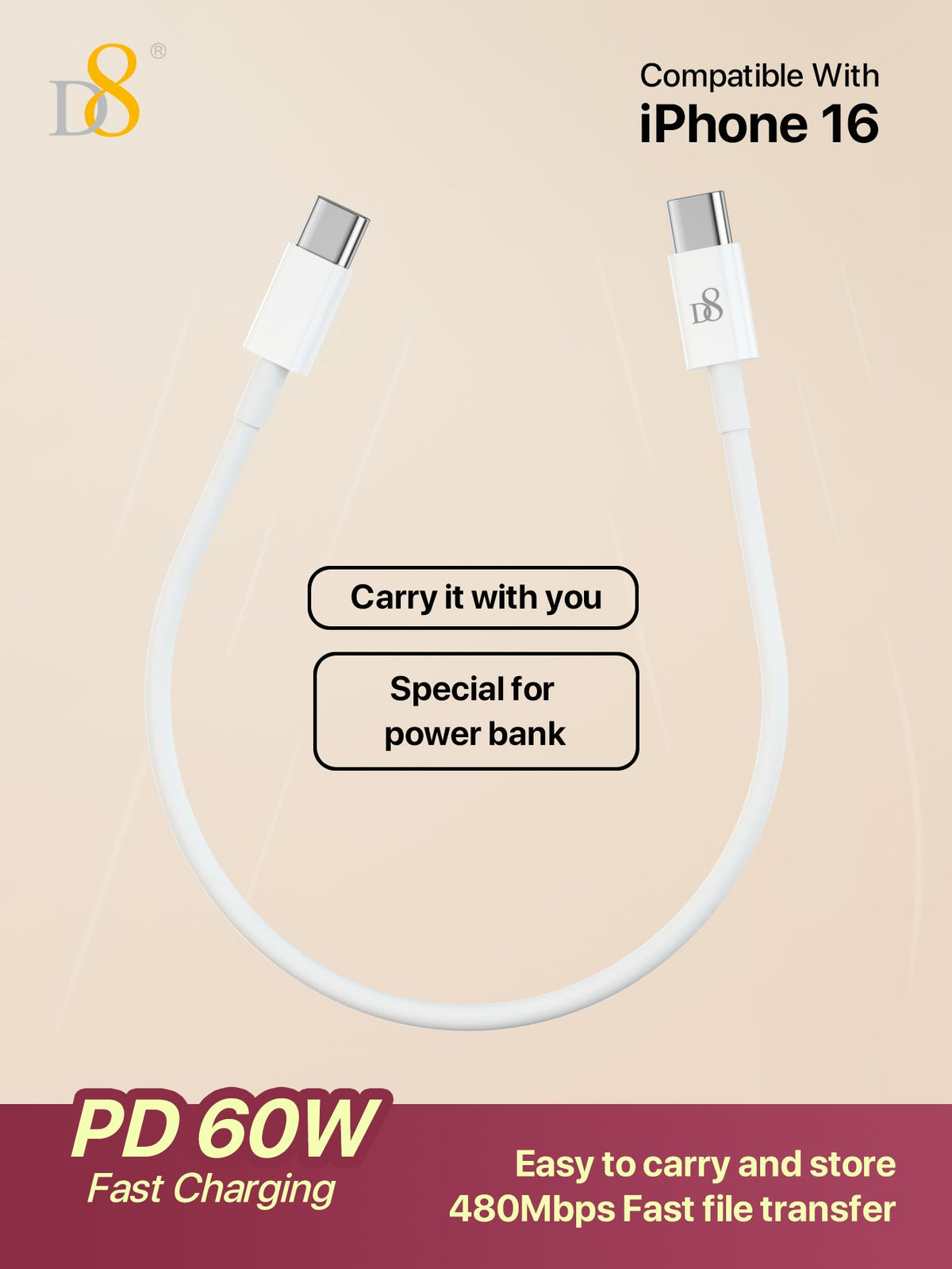 D8 USB-C to USB-C Cable (0.83ft) – 60W Fast Charging for iPhone, iPad, Galaxy