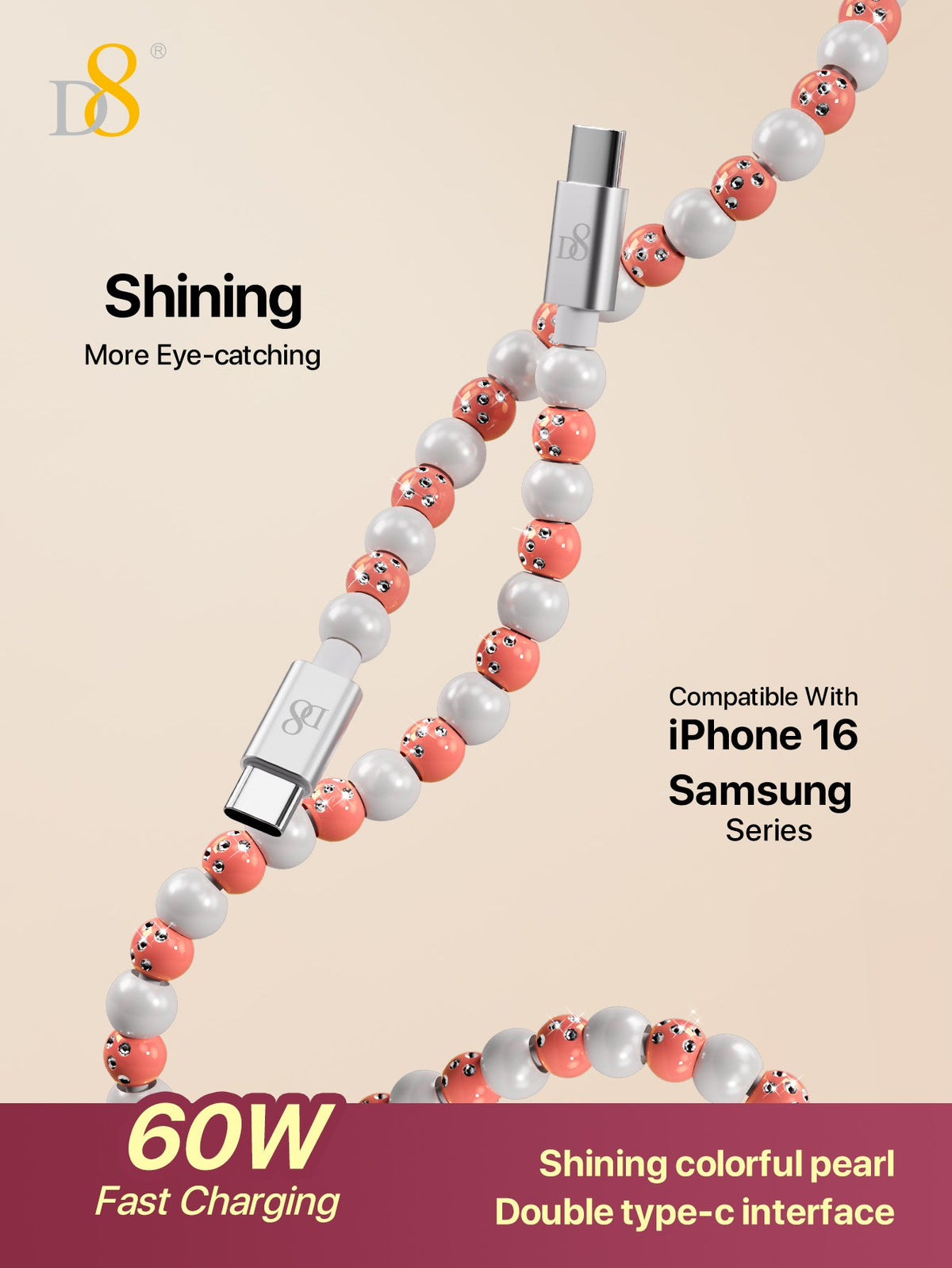 D8 USB-C to Type-C Cable – 60W Fast Charging, 3.3ft Braided Cord
