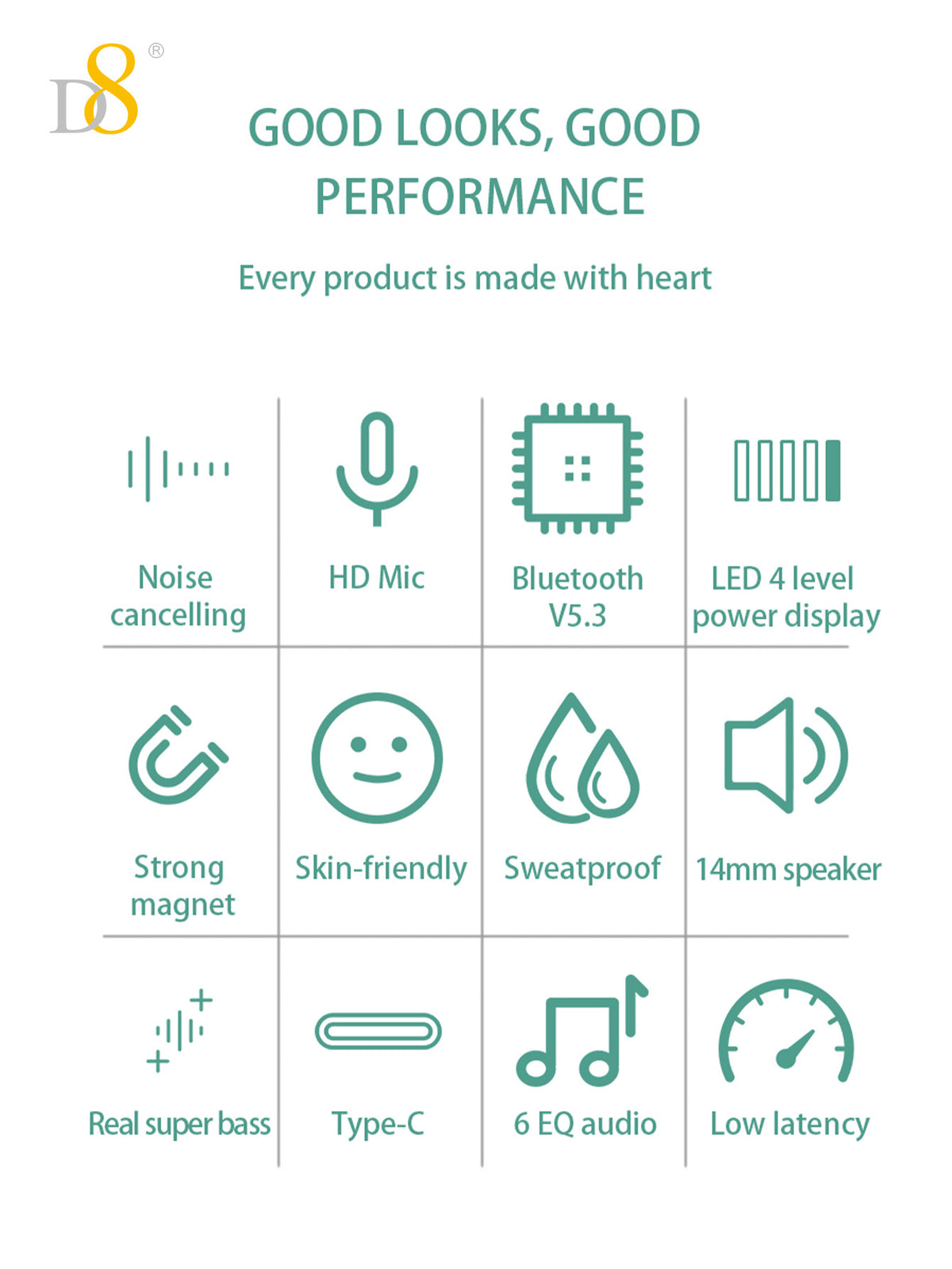 D8 Neckband Wireless Headphones – 100H Bluetooth, Waterproof, Mic