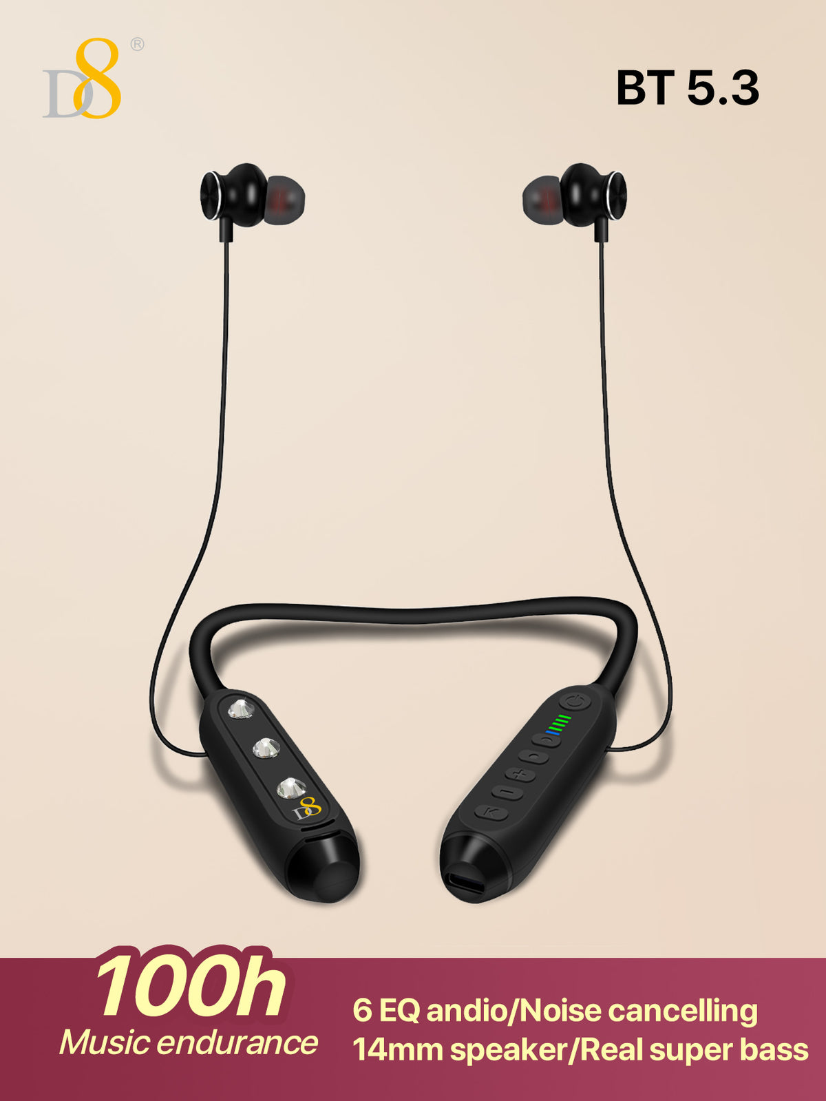 D8 Neckband Wireless Headphones – 100H Bluetooth, Waterproof, Mic