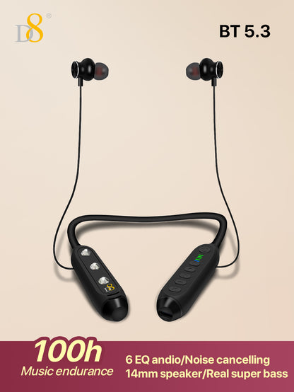 D8 Neckband Wireless Headphones – 100H Bluetooth, Waterproof, Mic