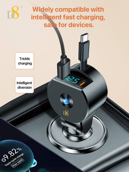 D8 3-in-1 Retractable Car Charger – 30W PD & QC3.0 Fast Charging for iPhone, Samsung, iPad