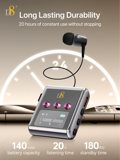 D8 Retractable Wireless Headset – 20H Talk Time, Noise-Canceling Mic, Clip-On for Driving & Workouts