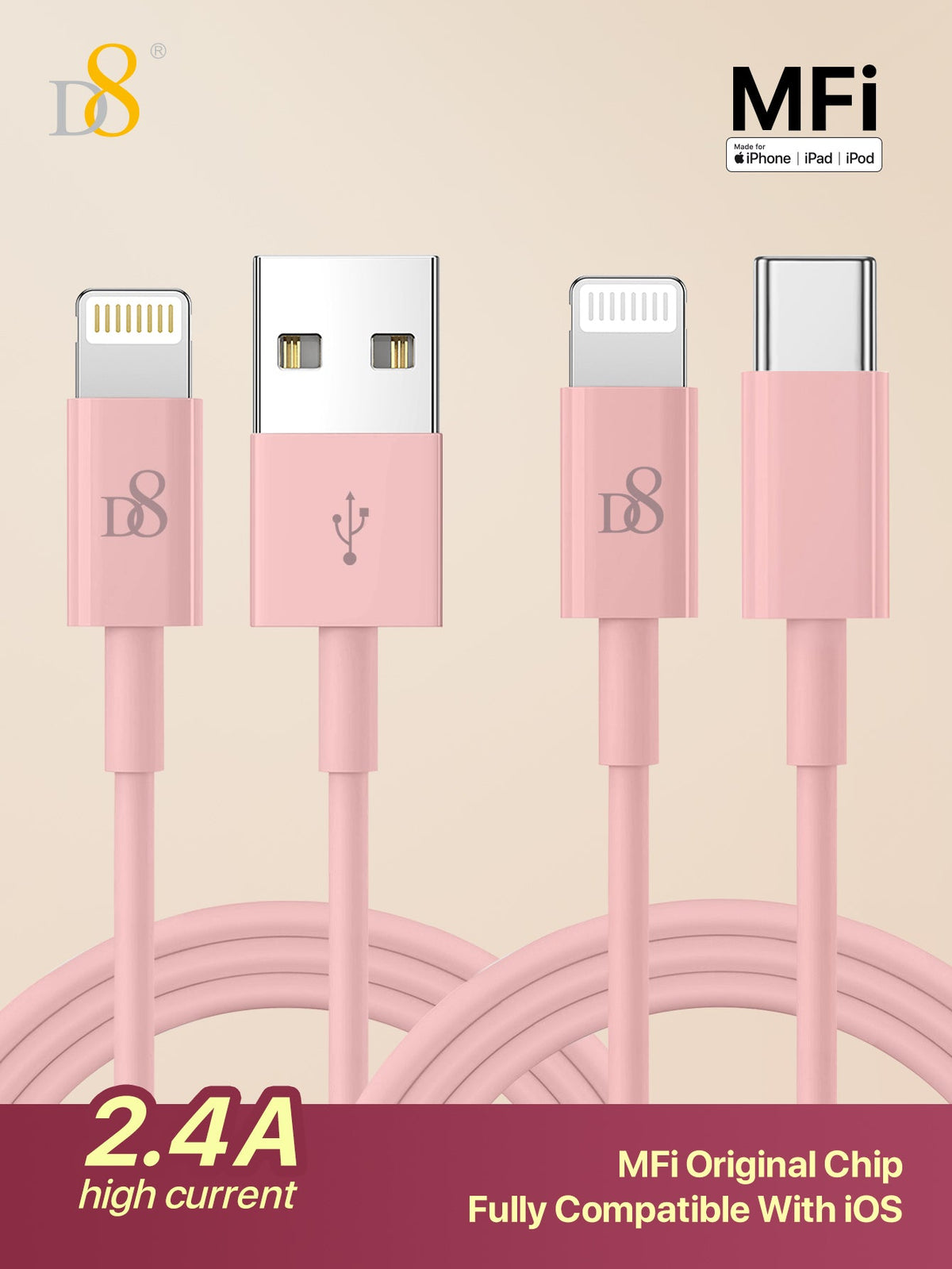 D8 iPhone Charger Cable 2-Pack 3.3ft USB-C to Lightning Fast Charging