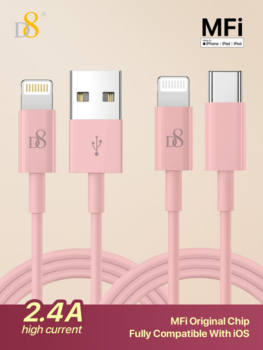 D8 iPhone Charger Cable 2-Pack 3.3ft USB-C to Lightning Fast Charging