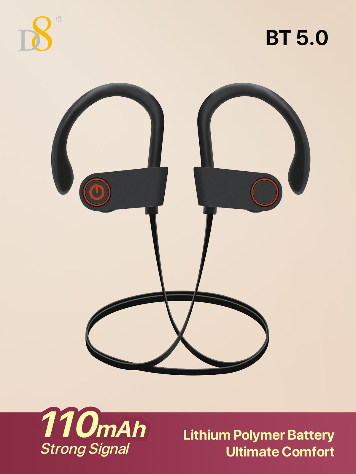 D8 Sports Wireless Earbuds – 10 Hours Playtime, Bluetooth 5.3, Deep Bass