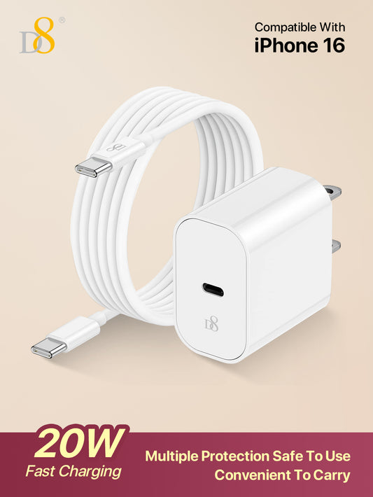 D8 20W USB-C Fast Charger + 3ft USB-C to USB-C Cable – PD Charging for iPhone 16 Pro, iPad Pro