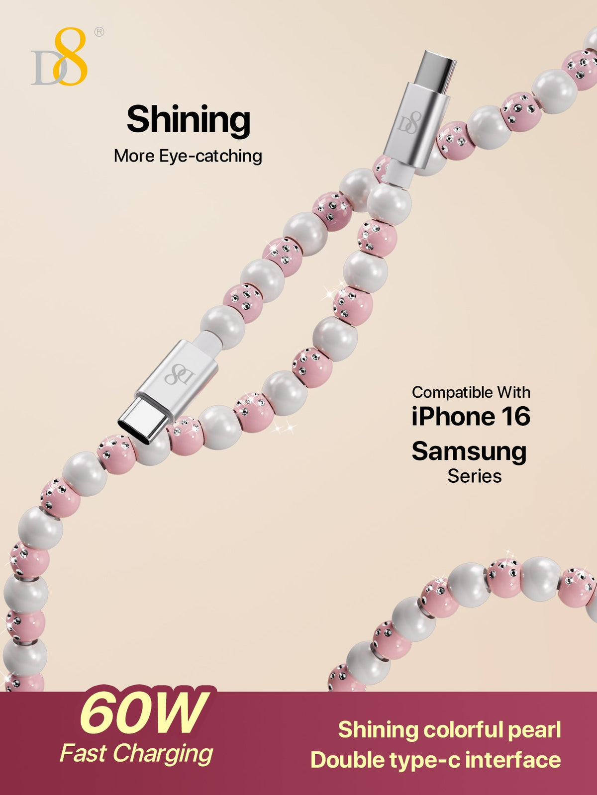 D8 USB-C to Type-C Cable – 60W Fast Charging, 3.3ft Braided for iPhone 15, iPad Pro, Galaxy