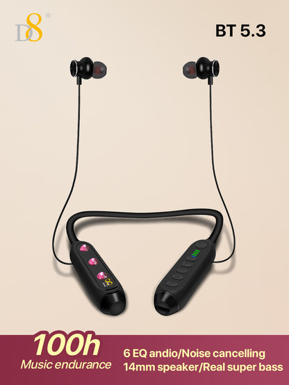 D8 Neckband Wireless Headphones – 100H Bluetooth, Waterproof, Mic