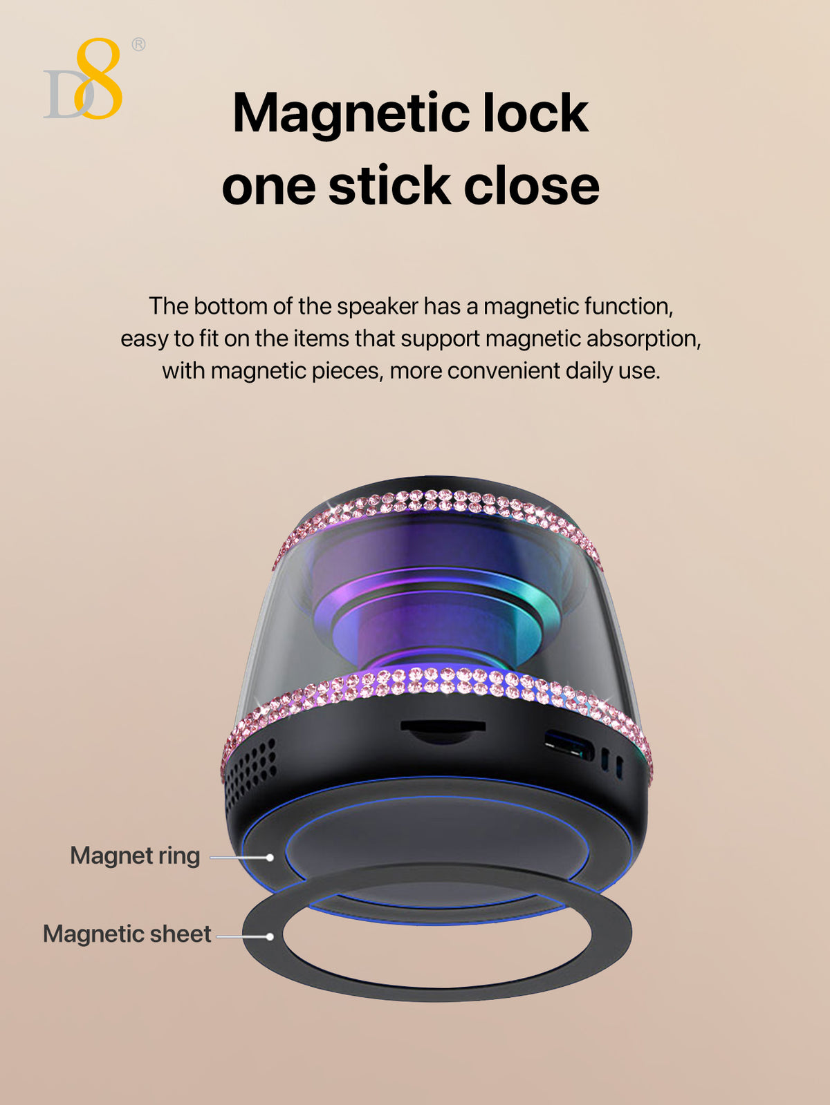D8 Foldable Magnetic Bluetooth Speaker – 10H Playtime, RGB Light, Phone Stand