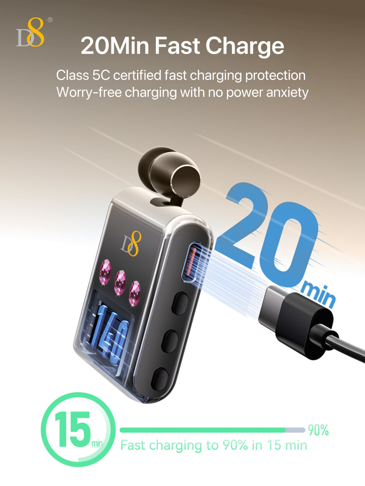 D8 Retractable Wireless Headset – 20H Talk Time, Noise-Canceling Mic, Clip-On for Driving & Workouts