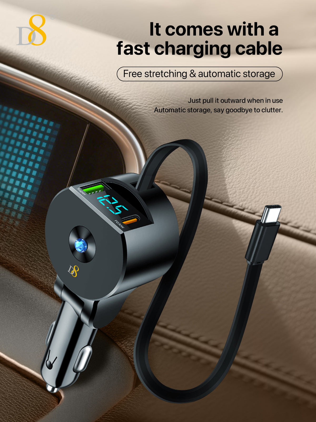 D8 3-in-1 Retractable Car Charger – 30W PD & QC3.0 Fast Charging for iPhone, Samsung, iPad