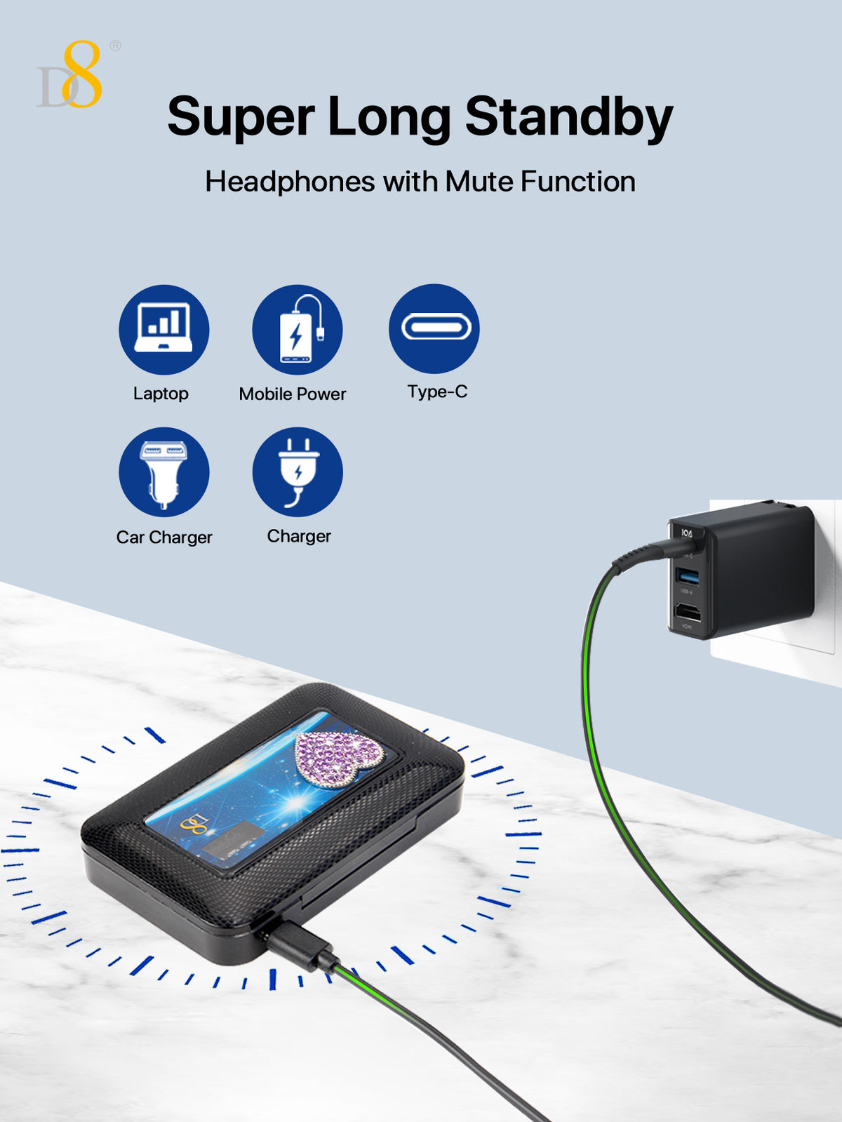 D8 Wireless Earbuds – LED Battery Display, Deep Bass, Noise Canceling