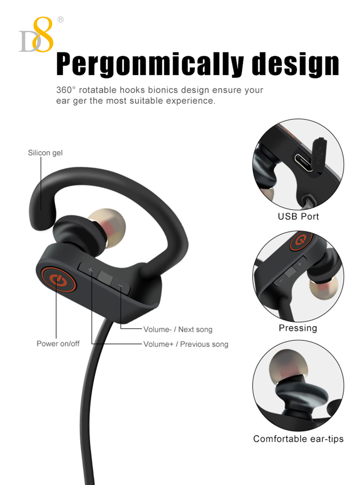 D8 Sports Wireless Earbuds – 10 Hours Playtime, Bluetooth 5.3, Deep Bass