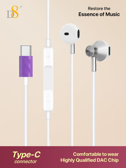 D8 Type-C In-Ear Headphones – Mic & Volume Control for iPhone 16, Galaxy S23