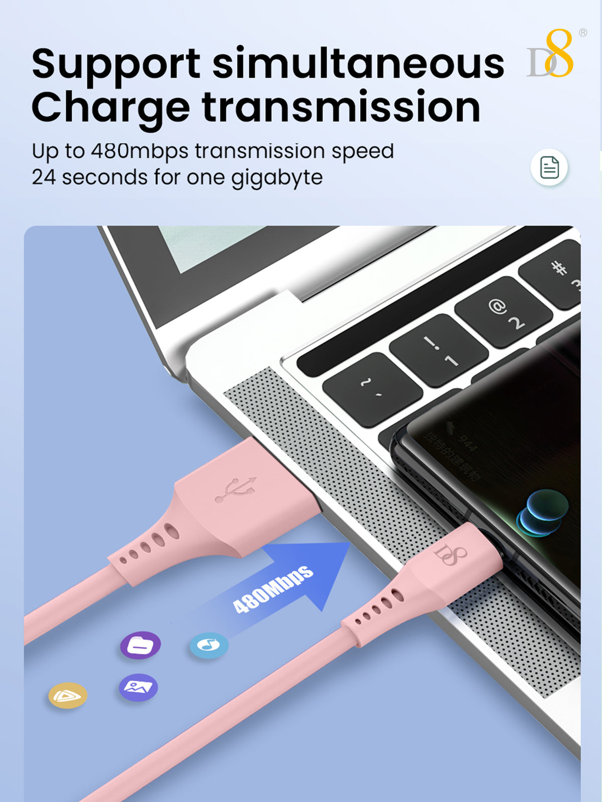 D8 USB-C Charging Cable – 3A Fast Charge, 3.3ft Soft Silicone, USB-A to Type-C