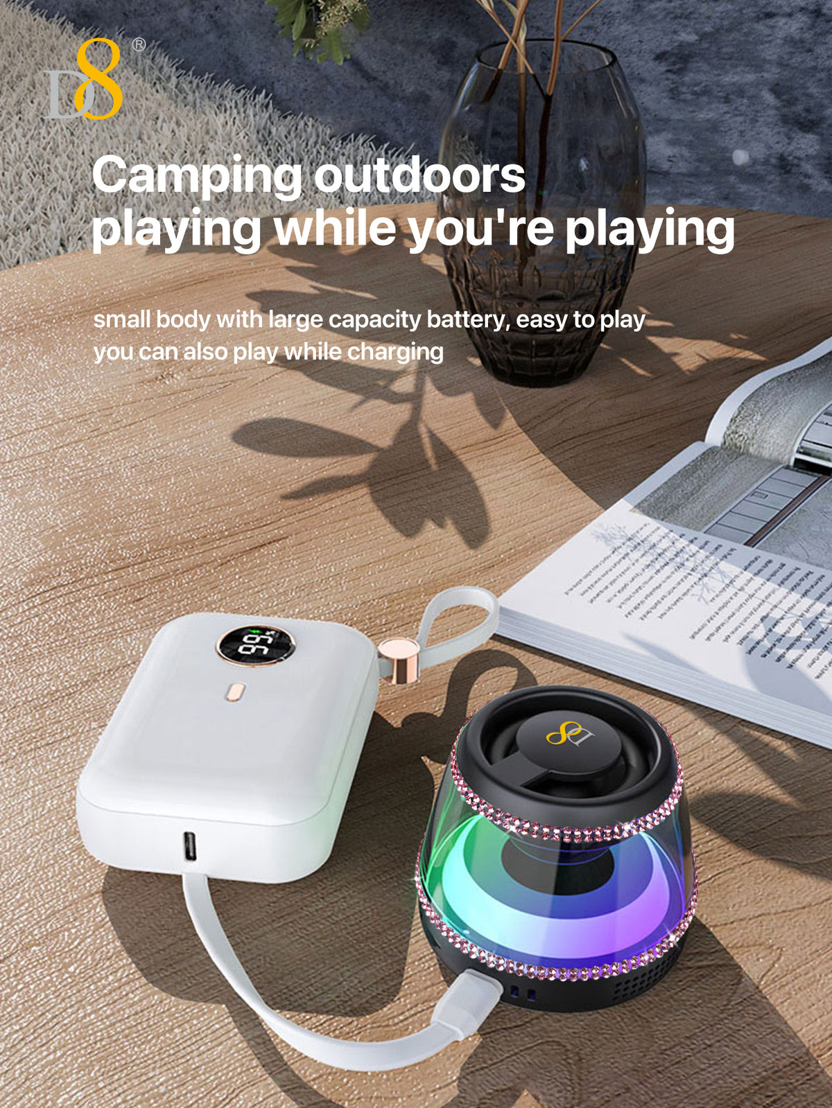 D8 Foldable Magnetic Bluetooth Speaker – 10H Playtime, RGB Light, Phone Stand