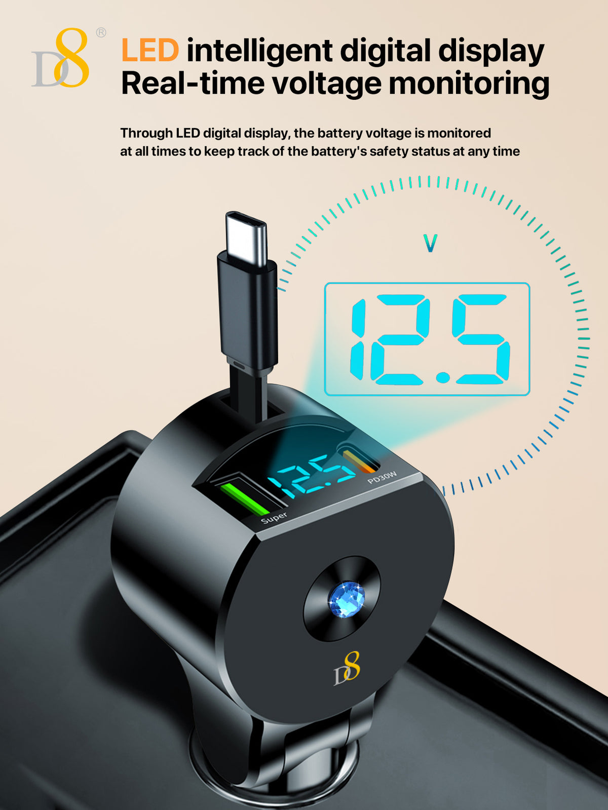 D8 3-in-1 Retractable Car Charger – 30W PD & QC3.0 Fast Charging for iPhone, Samsung, iPad