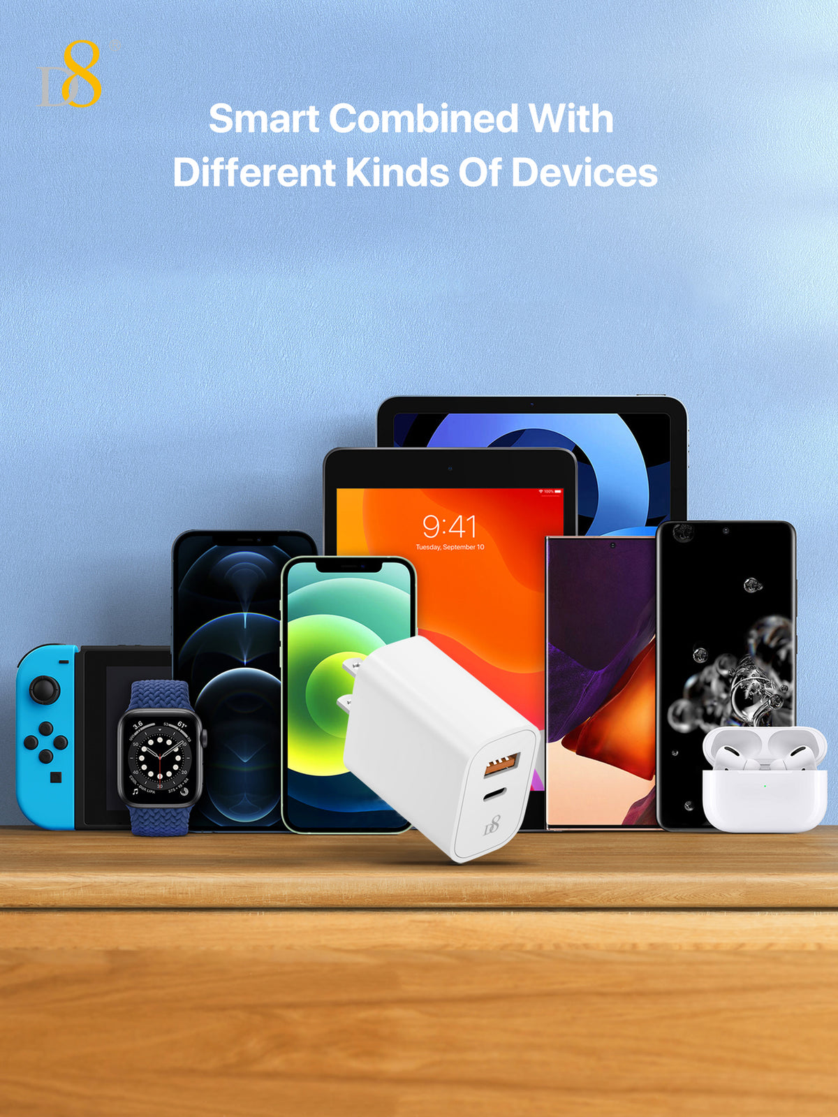 D8 TPE Type-C to Lghtning mfi Cable and 20W dual port fast charging wall charger set